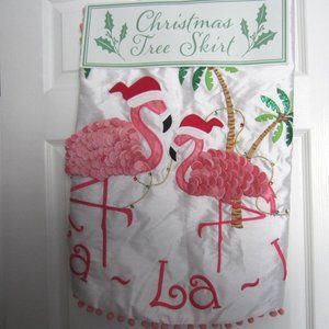 Flamingo Christmas Tree Skirt--2  Santa Mingos/Palms--Embroidered Fa-La-La--NIP